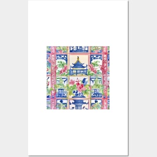 Preppy trellis chinoiserie pagodas, flowers and birds Posters and Art